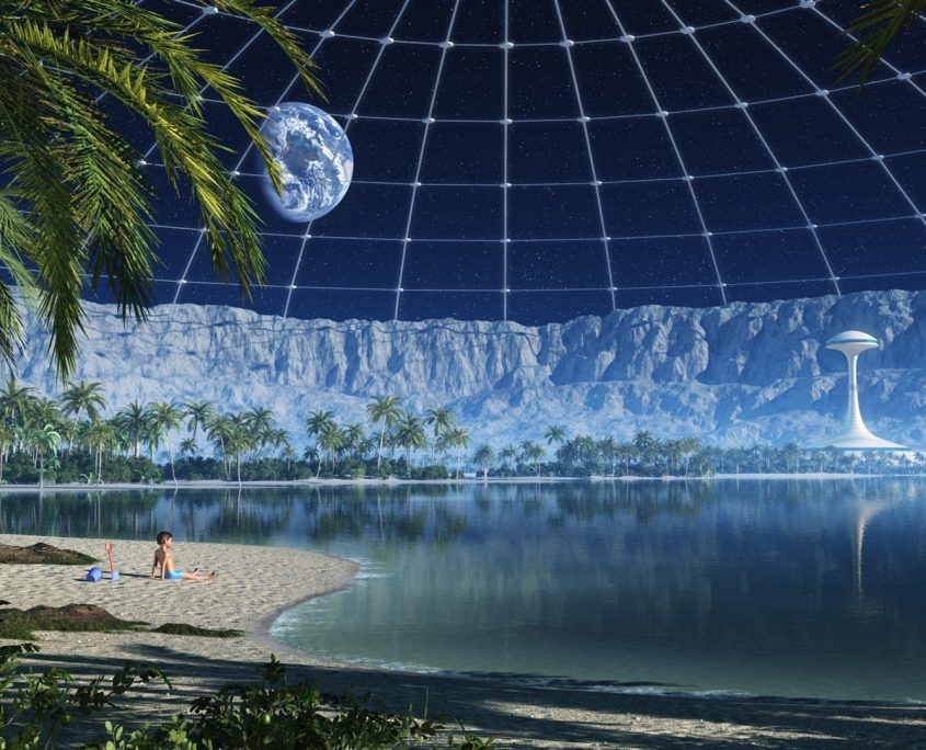 Futuristic scene with a beach inside a glass dome, palm trees, distant white structure, and Earth visible through the dome. A person is sitting on the sandy bea